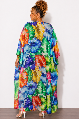 Final Sale Plus Size Chiffon Duster With Wrist Cuff in Multi-Color Palm Print