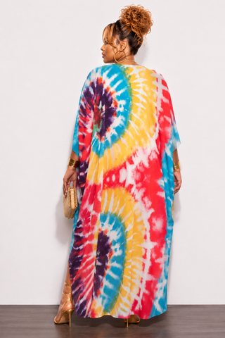 Final Sale Plus Size Chiffon Duster With Wrist Cuff in Red /Purple Multi Tie Dye
