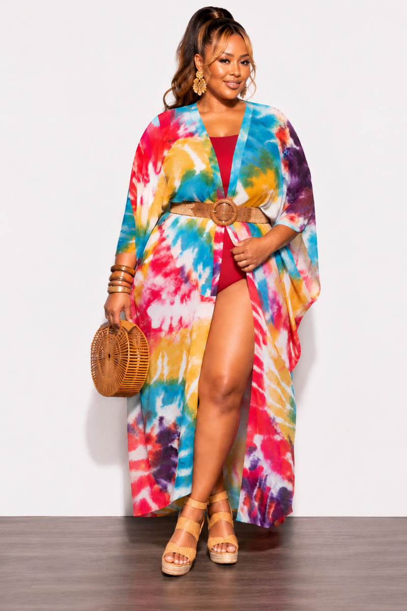 Final Sale Plus Size Chiffon Duster With Wrist Cuff in Red /Purple Multi Tie Dye