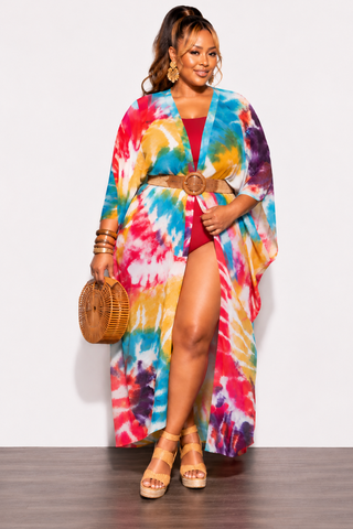 Final Sale Plus Size Chiffon Duster With Wrist Cuff in Red /Purple Multi Tie Dye