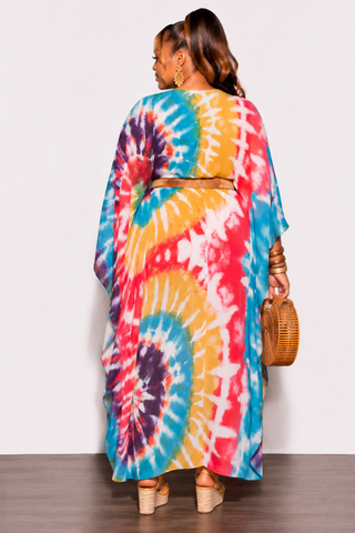 Final Sale Plus Size Chiffon Duster With Wrist Cuff in Red /Purple Multi Tie Dye