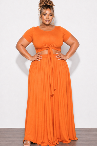 Final Sale Plus Size 2pc Short Sleeve Tie Top and Skirt Set in Orange