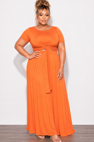 Final Sale Plus Size 2pc Short Sleeve Tie Top and Skirt Set in Orange