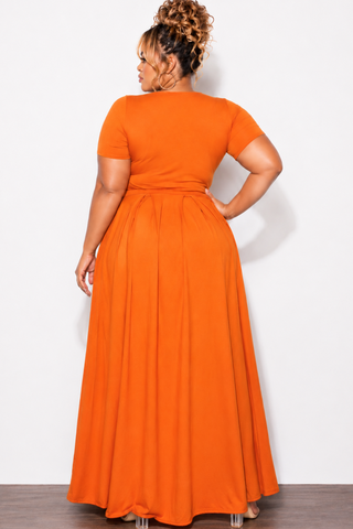 Final Sale Plus Size 2pc Short Sleeve Tie Top and Skirt Set in Orange
