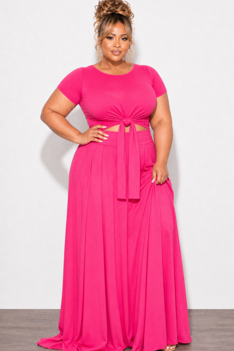 Final Sale Plus Size 2pc Short Sleeve Tie Top and Skirt Set in Hot Pink