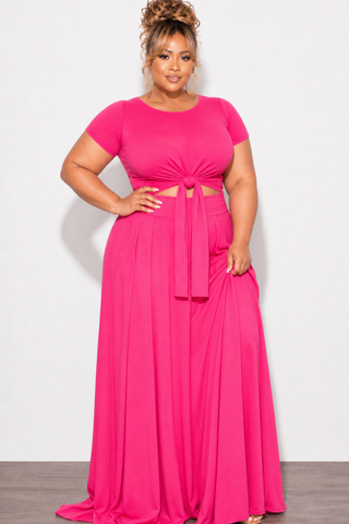 Final Sale Plus Size 2pc Short Sleeve Tie Top and Skirt Set in Hot Pink