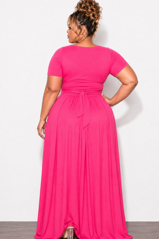 Final Sale Plus Size 2pc Short Sleeve Tie Top and Skirt Set in Hot Pink