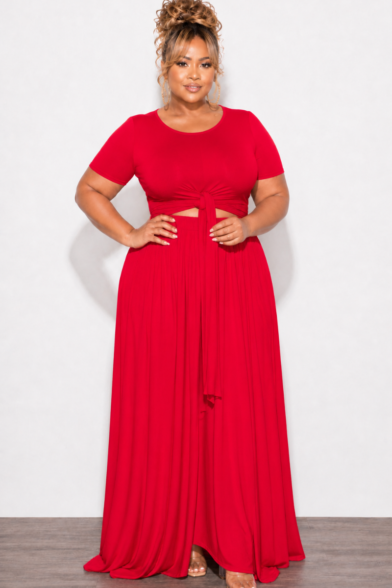 Final Sale Plus Size 2pc Short Sleeve Tie Top and Skirt Set in Red