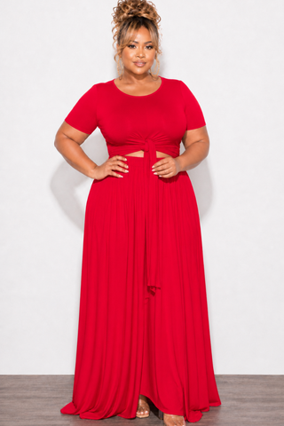 Final Sale Plus Size 2pc Short Sleeve Tie Top and Skirt Set in Red