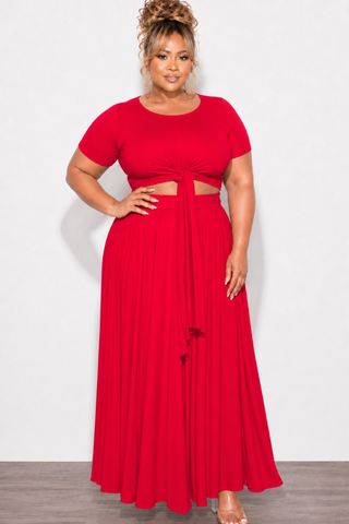 Final Sale Plus Size 2pc Short Sleeve Tie Top and Skirt Set in Red