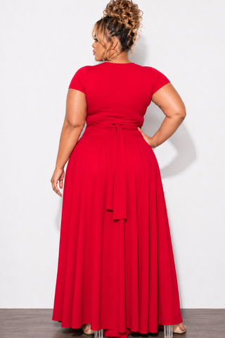 Final Sale Plus Size 2pc Short Sleeve Tie Top and Skirt Set in Red