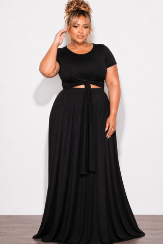 Final Sale Plus Size 2pc Short Sleeve Tie Top and Skirt Set in Black