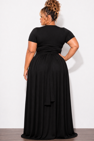 Final Sale Plus Size 2pc Short Sleeve Tie Top and Skirt Set in Black