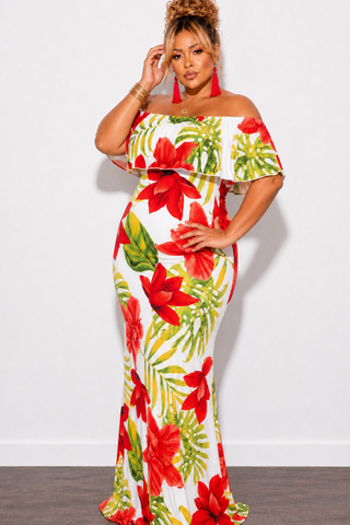 Final Sale Plus Size Off the Shoulder Ruffle Overlay Maxi Gown in White, Red, and Green Floral Print