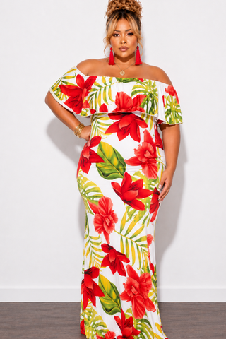 Final Sale Plus Size Off the Shoulder Ruffle Overlay Maxi Gown in White, Red, and Green Floral Print
