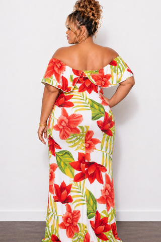 Final Sale Plus Size Off the Shoulder Ruffle Overlay Maxi Gown in White, Red, and Green Floral Print