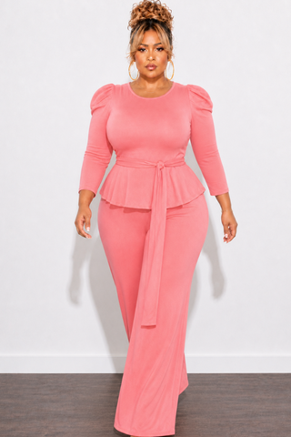 Final Sale Plus Size 2pc Set Peplum Top & Pants in Coral