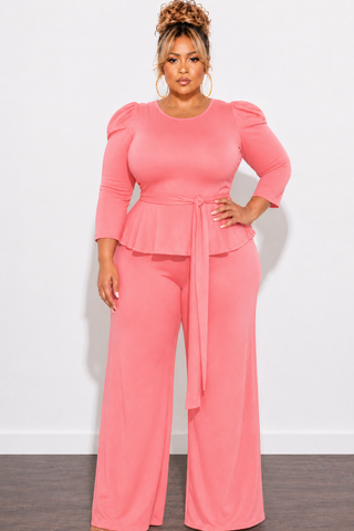 Final Sale Plus Size 2pc Set Peplum Top & Pants in Coral