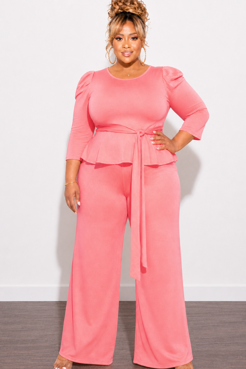 Final Sale Plus Size 2pc Set Peplum Top & Pants in Coral