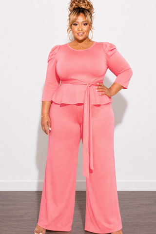 Final Sale Plus Size 2pc Set Peplum Top & Pants in Coral