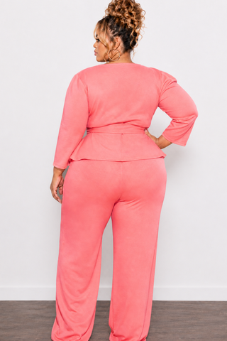 Final Sale Plus Size 2pc Set Peplum Top & Pants in Coral