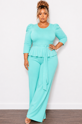 Final Sale Plus Size 2pc Set Peplum Top & Pants in Mint