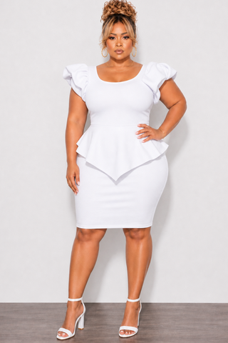 Final Sale Plus Size Peplum BodyCon Dress with Ruched Sleeves in White