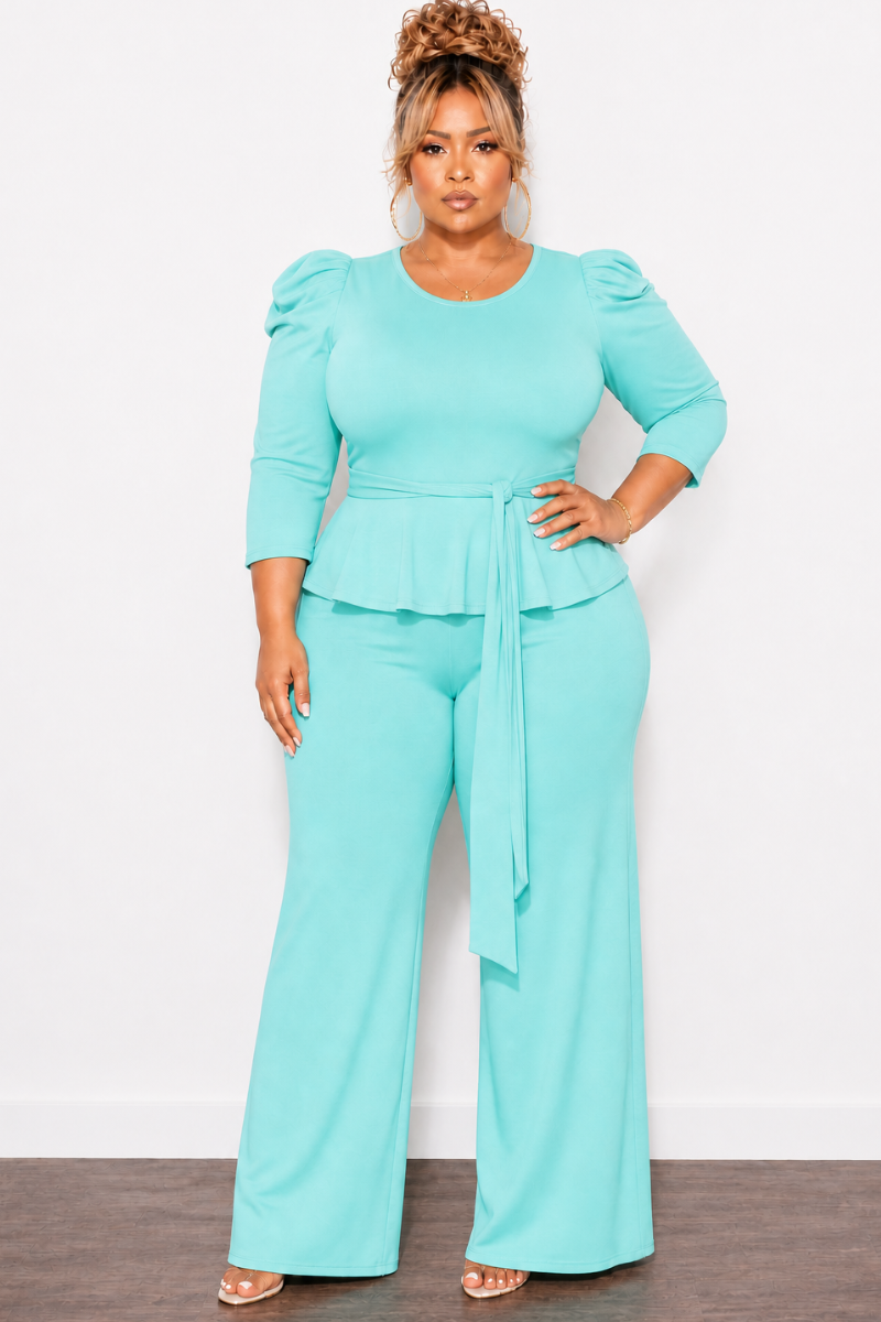 Final Sale Plus Size 2pc Set Peplum Top & Pants in Mint