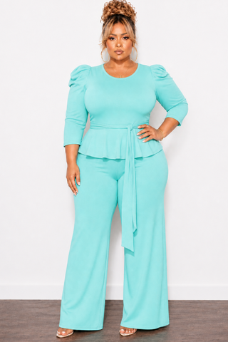 Final Sale Plus Size 2pc Set Peplum Top & Pants in Mint