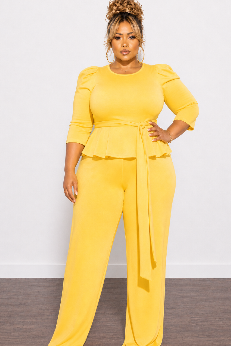 Final Sale Plus Size 2pc Set Peplum Top & Pants in Yellow