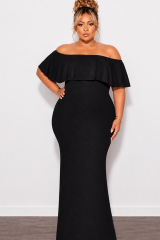 Final Sale Plus Size Off the Shoulder Ruffle Overlay Maxi Gown in Black