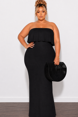Final Sale Plus Size Off the Shoulder Ruffle Overlay Maxi Gown in Black
