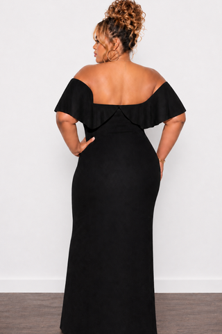 Final Sale Plus Size Off the Shoulder Ruffle Overlay Maxi Gown in Black