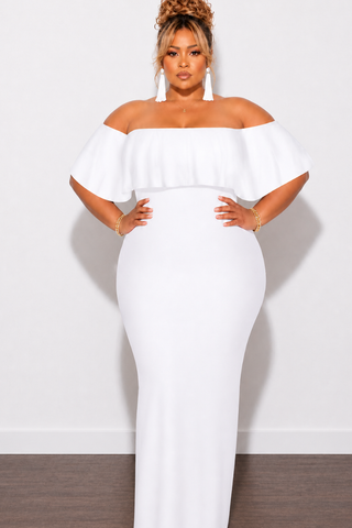 Final Sale Plus Size Off the Shoulder Ruffle Overlay Maxi Gown in White