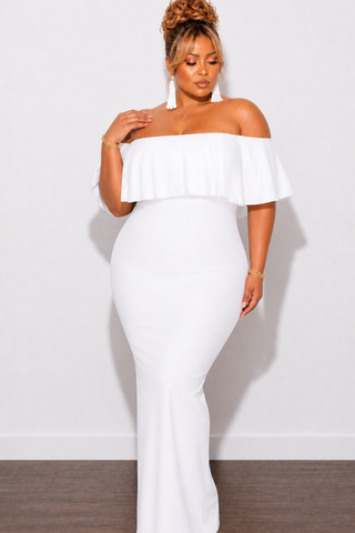 Final Sale Plus Size Off the Shoulder Ruffle Overlay Maxi Gown in White