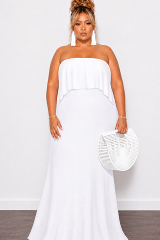 Final Sale Plus Size Off the Shoulder Ruffle Overlay Maxi Gown in White