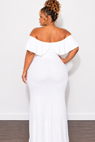 Final Sale Plus Size Off the Shoulder Ruffle Overlay Maxi Gown in White