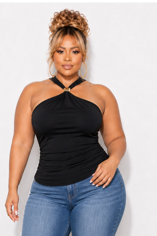 Final Sale Plus Size Halter Top with Gold Accent in Black