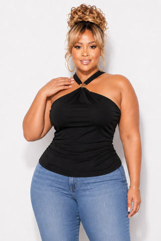 Final Sale Plus Size Halter Top with Gold Accent in Black