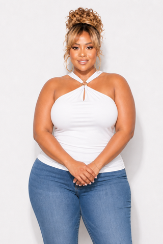 Final Sale Plus Size Halter Top with Gold Accent in Ivory