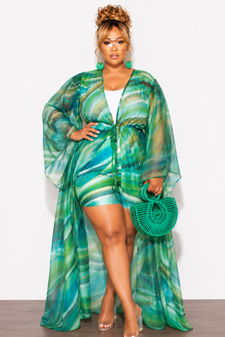 Final Sale Plus Size 2pc Set Chiffon Cover Up / Duster & Matching Shorts in Green Multi-Print