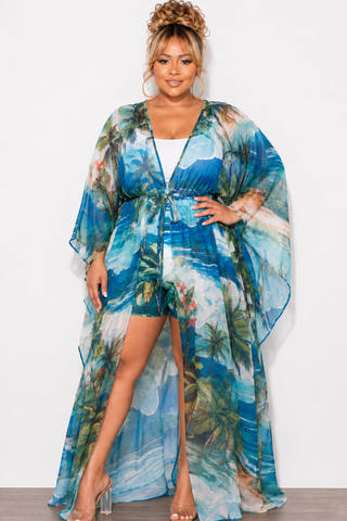 Final Sale Plus Size 2pc Set Chiffon Cover Up / Duster & Matching Shorts in Blue & Red Palm Print