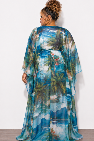 Final Sale Plus Size 2pc Set Chiffon Cover Up / Duster & Matching Shorts in Blue & Red Palm Print