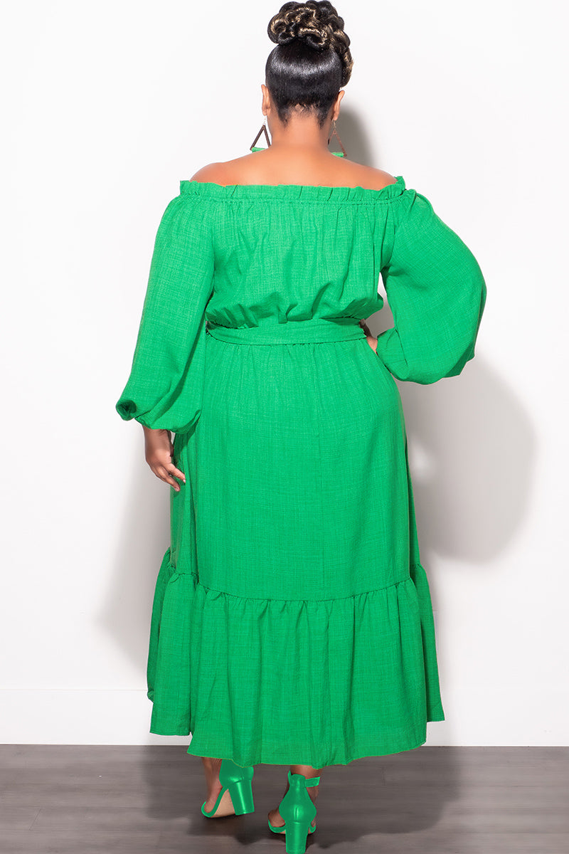 Final Sale Plus Size Off the Shoulder Dress with Tie in Green - 1x 14/16 Final Sale Plus Size Off the Shoulder Dress with Tie in Green - 1x 14/16