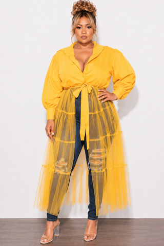 Final Sale Plus Size Puffy Long Sleeve Button Up Top with Mesh Train in Musatrd