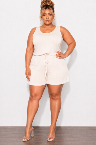 Final Sale Plus Size Sleeveless French Terry V Neck Romper in Beige