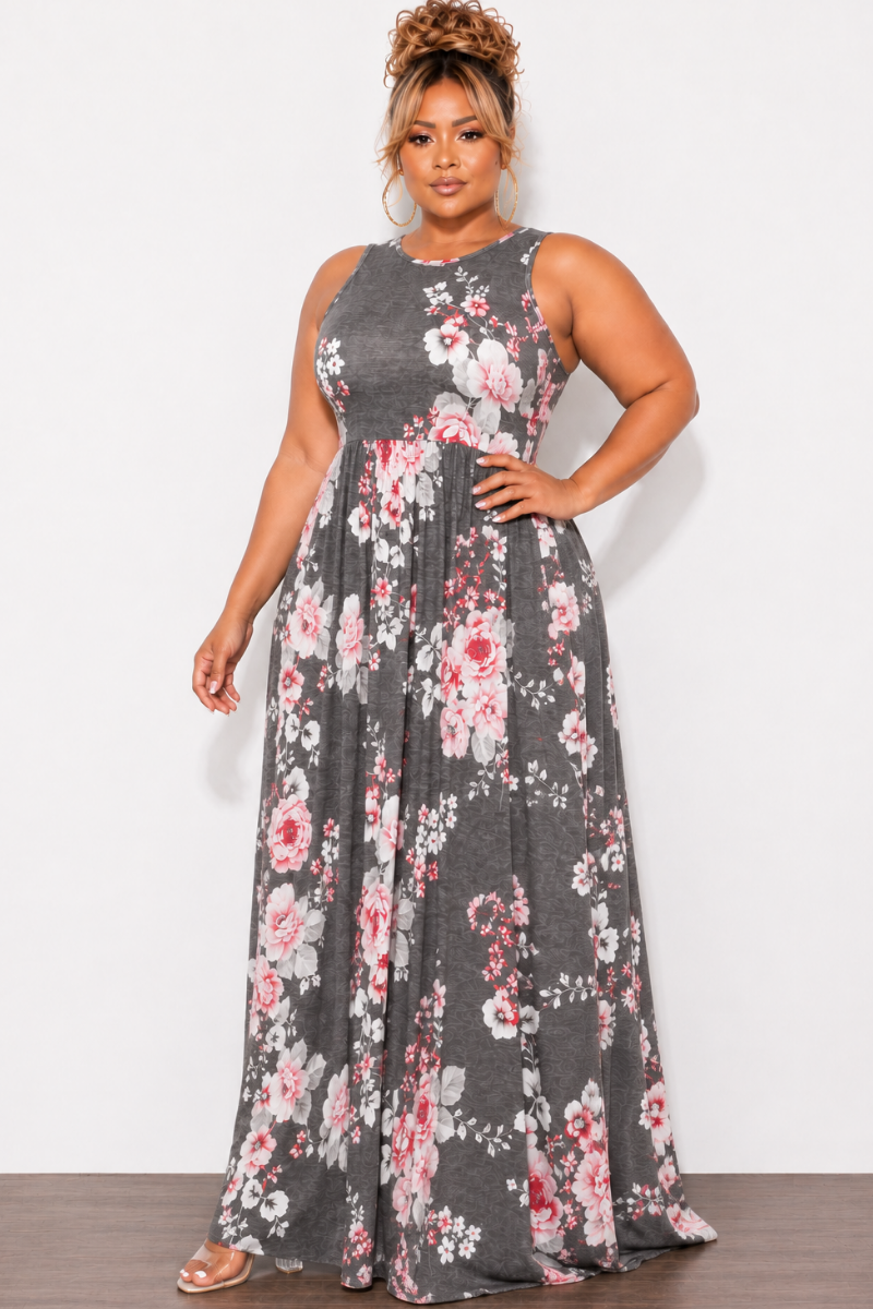 Final Sale Plus Size Tank Pocket Maxi Dress in Grey Charcoal & Pink Floral Print