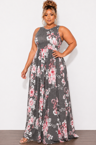 Final Sale Plus Size Tank Pocket Maxi Dress in Grey Charcoal & Pink Floral Print