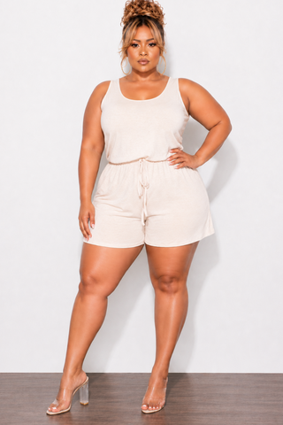 Final Sale Plus Size Sleeveless French Terry V Neck Romper in Beige