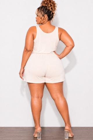 Final Sale Plus Size Sleeveless French Terry V Neck Romper in Beige